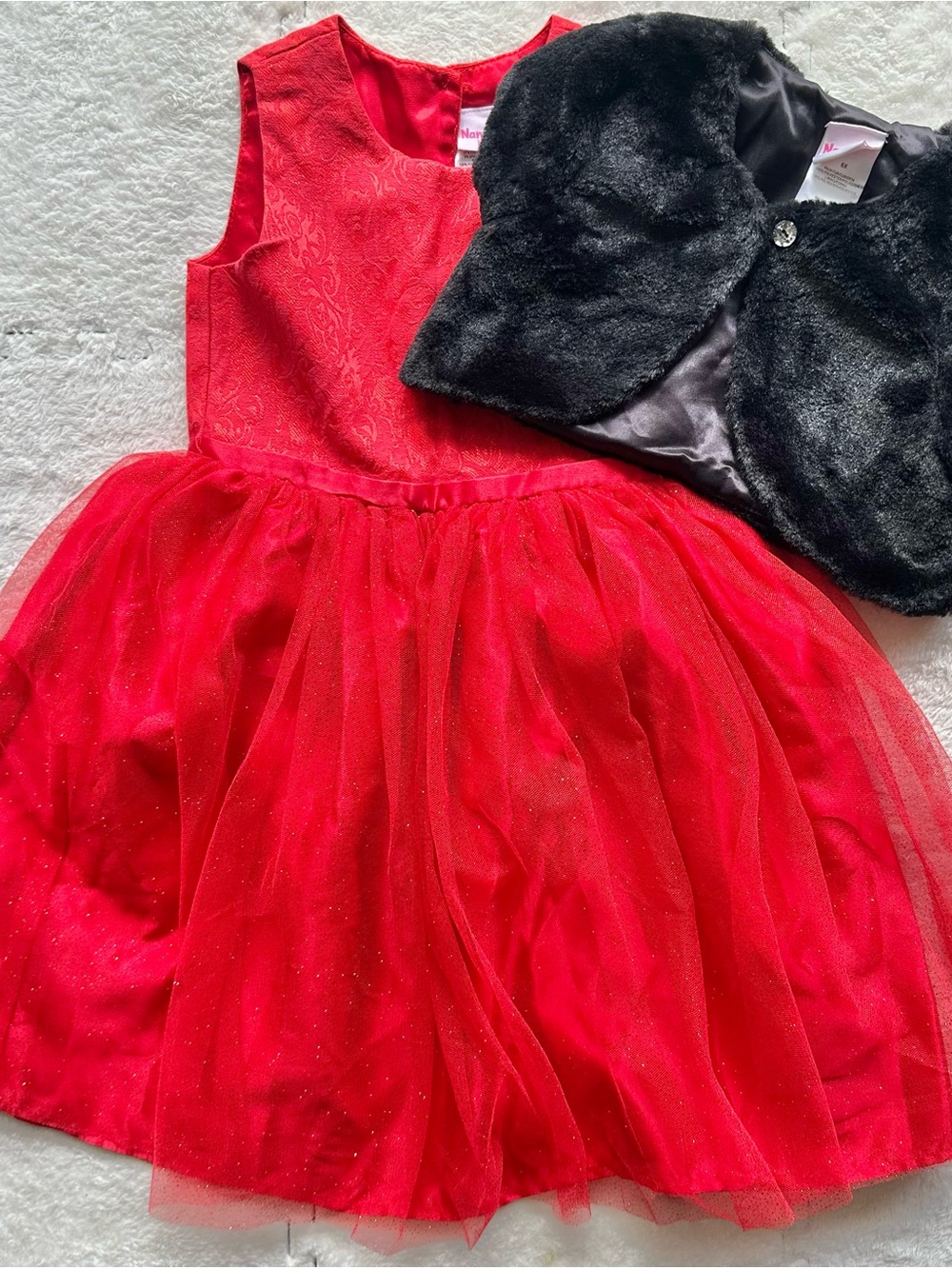 Nannette Kids Red Tulle Dress with Black Faux-Fur Bolero, Size 6x